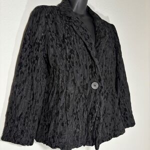 Eileen Fisher Chenille Silk Blazer Jacket Sz Med Textured Pockets Black 1 Button